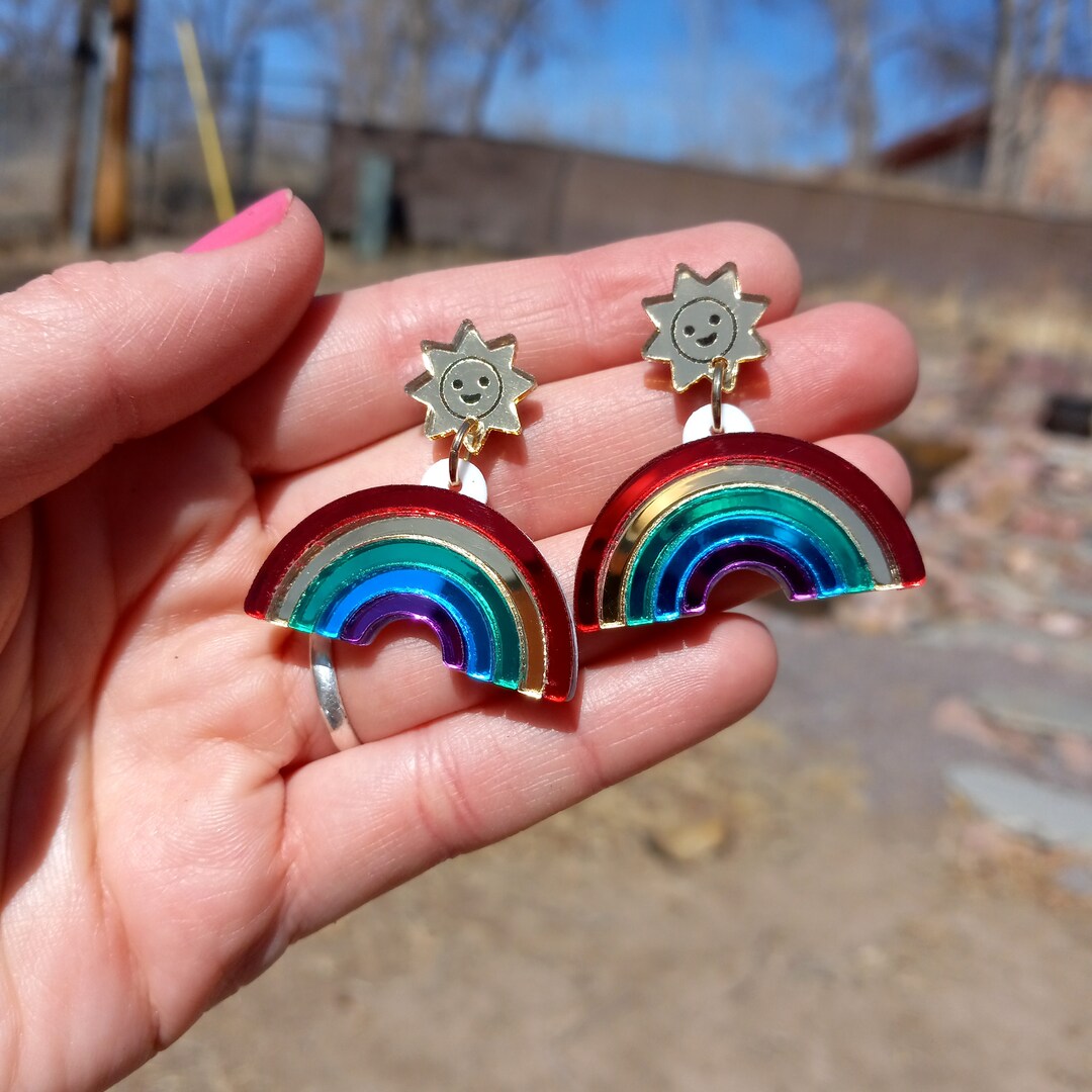 Big Golden Happy Sunshine Rainbow Stud Dangle Earrings, Spring